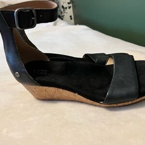 UGG Black Leather Wedge Sandals